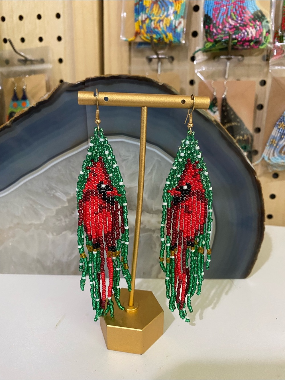 Festive Red & Green Beaded Cardinal Feather Earrings - Women Jewelry